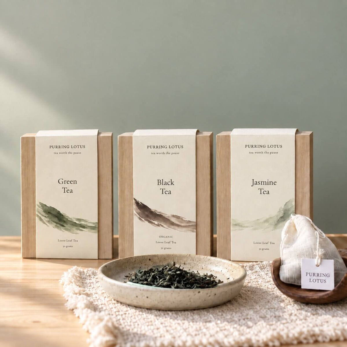 Three boxes of Purring Lotus tea with a dish of tea leaves and a cotton tea bag