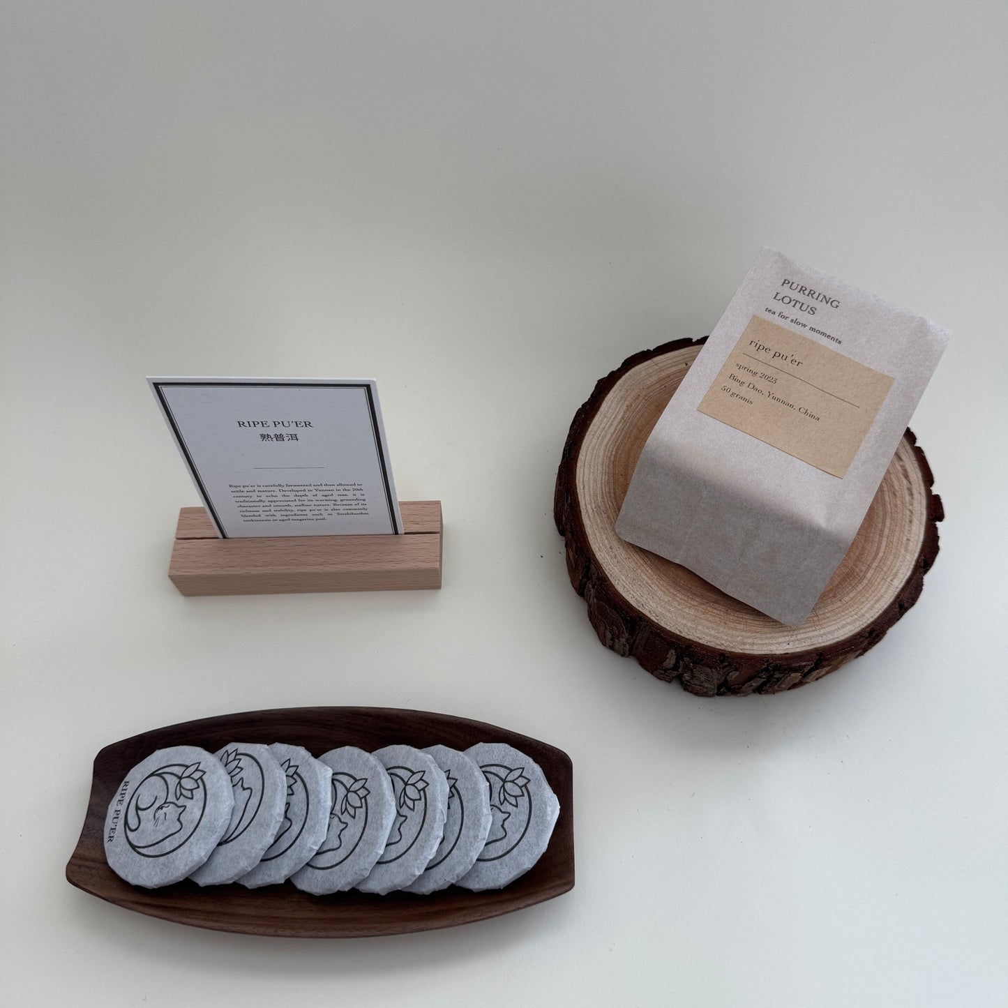 Bingdao ripe pu'er mini-cakes with tea card and packaging