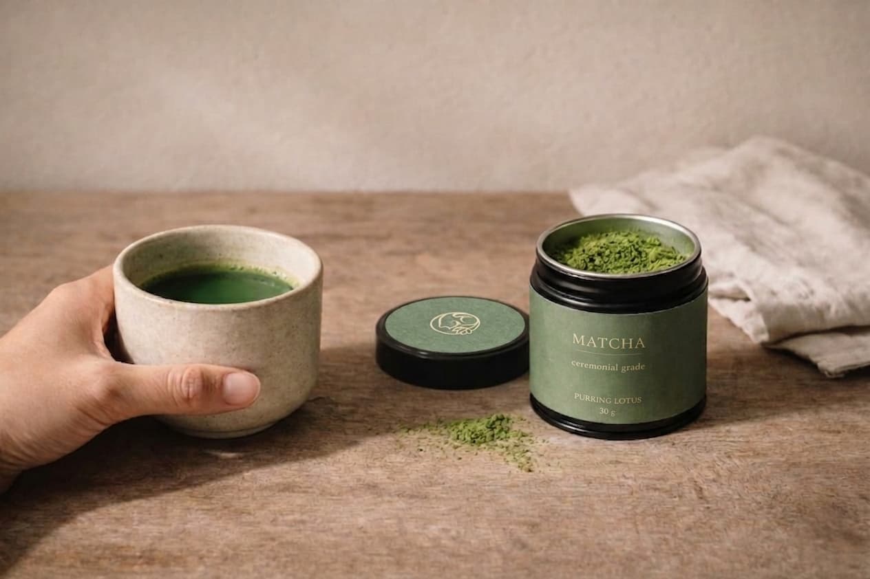 Opened matcha tin with a cup of usucha
