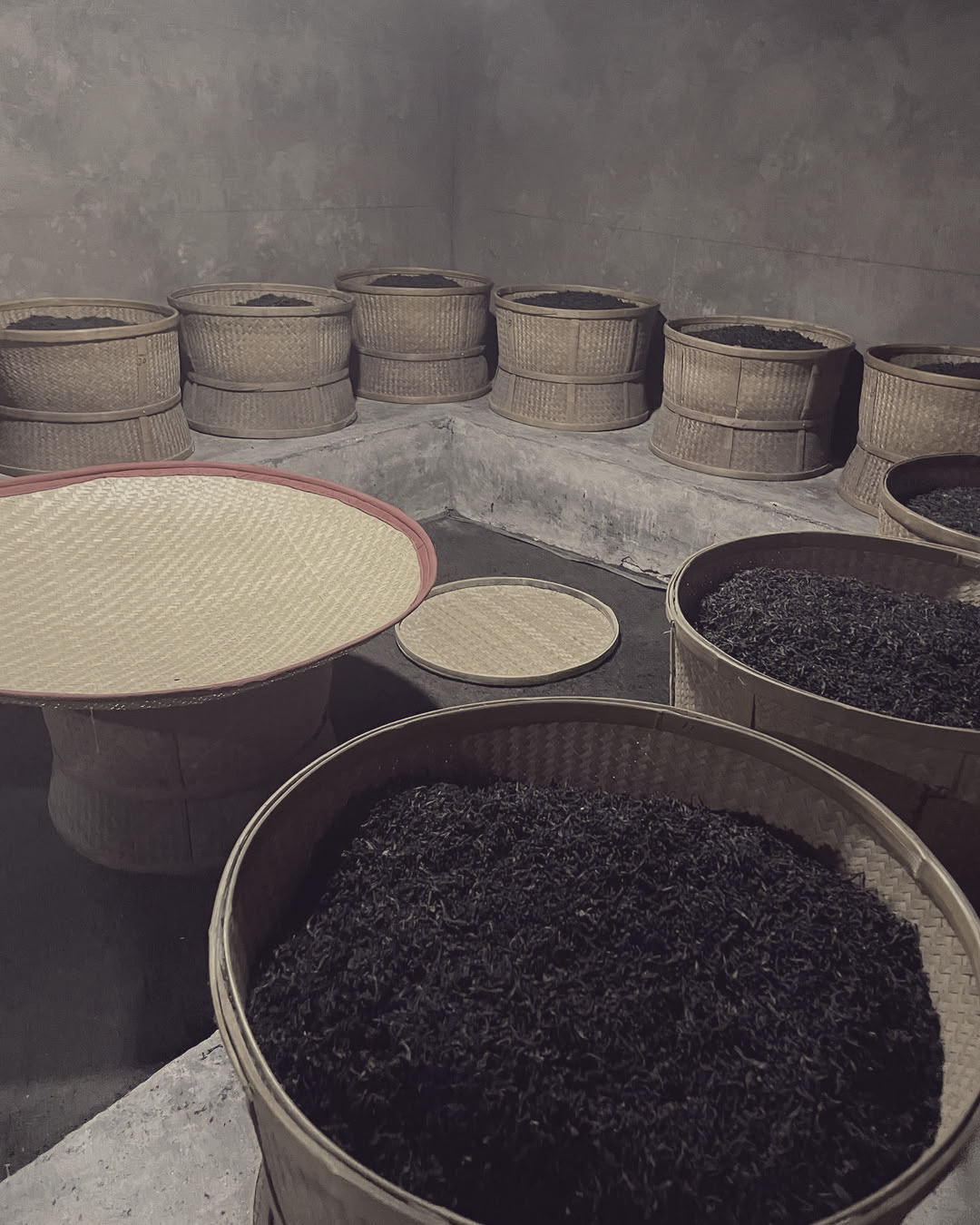 Baskets with oolong tea resting after roasting
